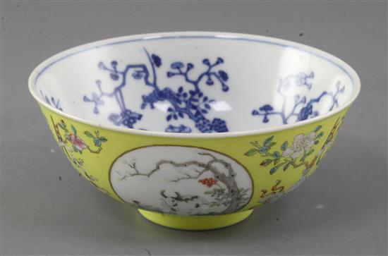 A Chinese sgraffito yellow ground medallion bowl,